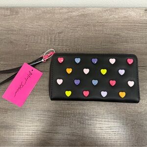 Betsey Johnson Black Wallet Rainbow Heart Gem Accents Wristlet
